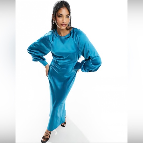 ASOS Dresses & Skirts - ASOS turquoise satin long sleeve dress 14